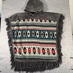 Mexicali Blues Hooded Poncho OS Black Gray Mens Southwestern Fringe Acid Wash